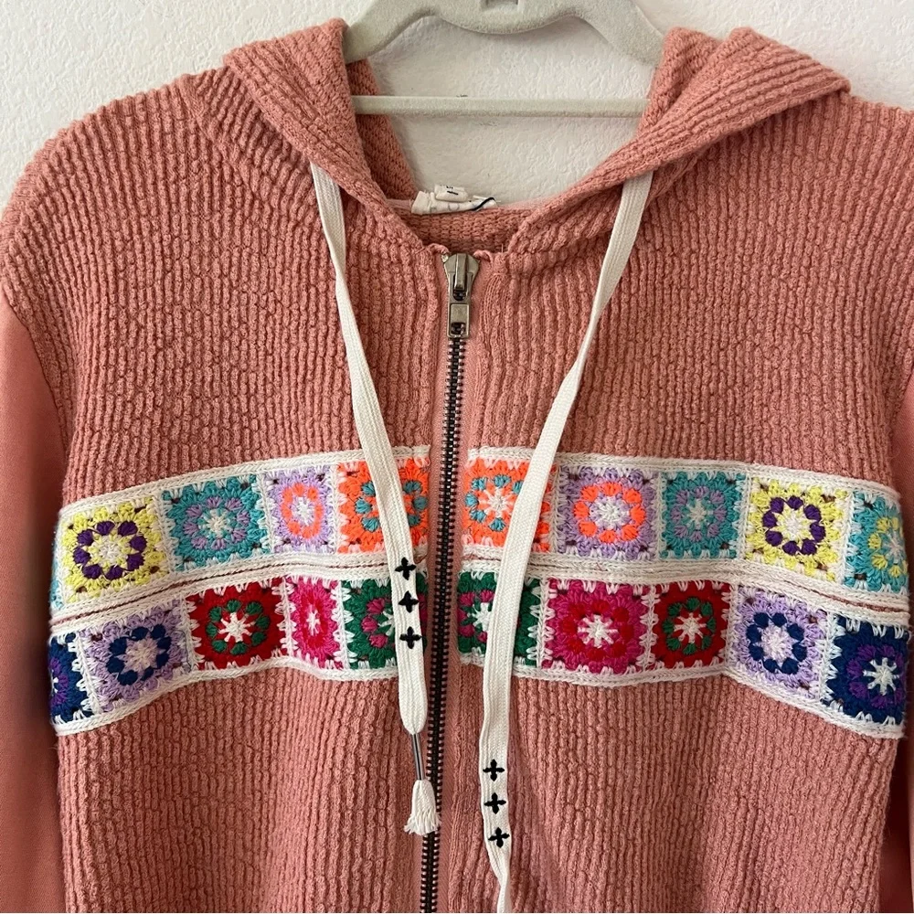 POL NWT Boho Granny Square Crochet Oversized Zip Hoodie L Vintage Wash Peach - Picture 6 of 16